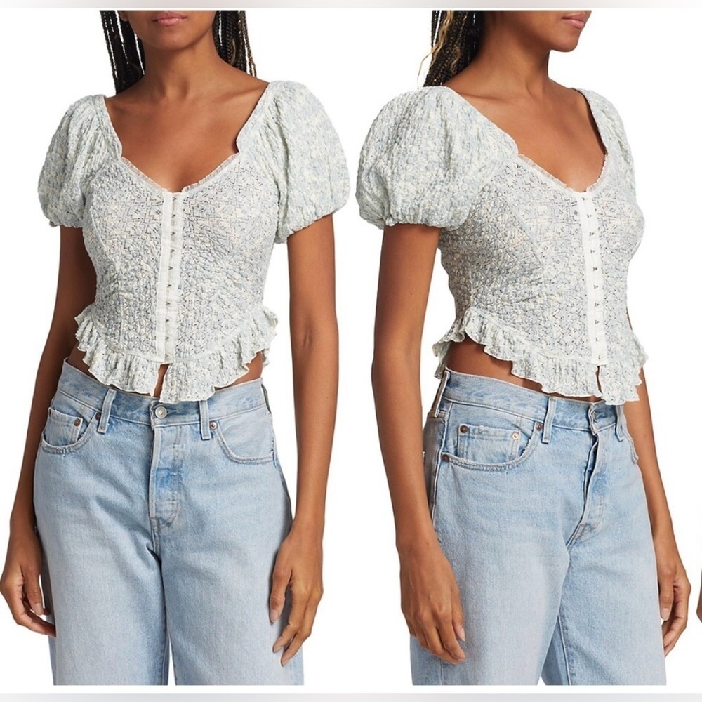 Free People White Puff Sleeve Fitted Blouse